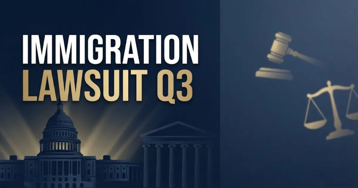 Editorial banner with Immigration Lawsuit Q3 headline over navy courthouse silhouette and gold legal symbols