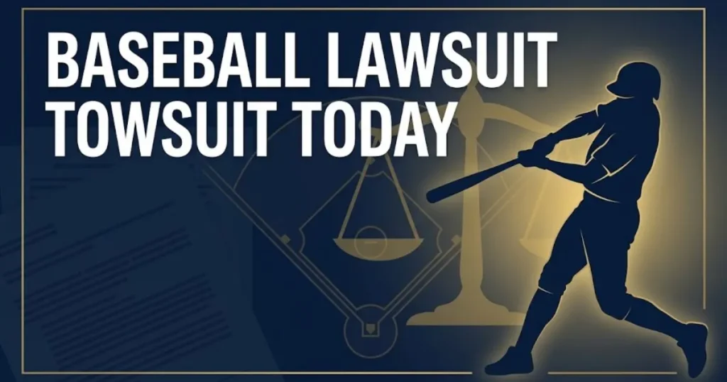 Editorial banner with baseball lawsuit today headline over navy baseball diamond and golden scales of justice