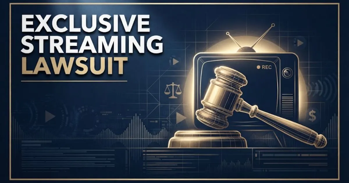 Editorial banner with bold text reading exclusive streaming lawsuit over navy and gold legal themed abstract design