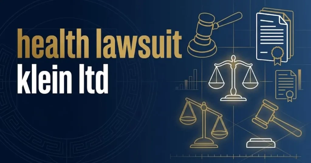 Editorial banner with bold text reading health lawsuit klein ltd over navy legal-themed background with gold scales and document icons