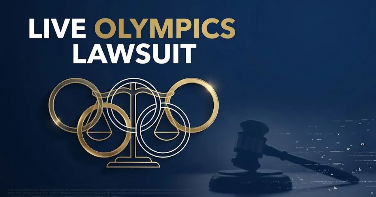 Editorial banner with bold text reading live olympics lawsuit over abstract legal and streaming graphics in navy and gold