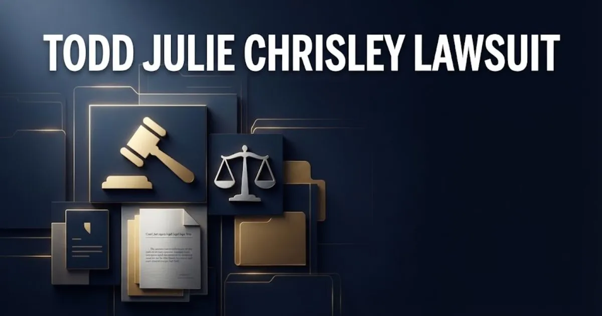 Editorial banner with bold text reading todd julie chrisley lawsuit over abstract navy and gold legal symbols