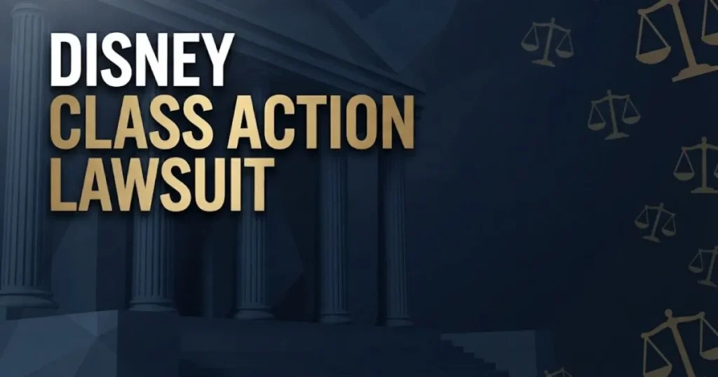 Editorial banner with disney class action lawsuit headline over abstract navy courthouse and gold scales of justice