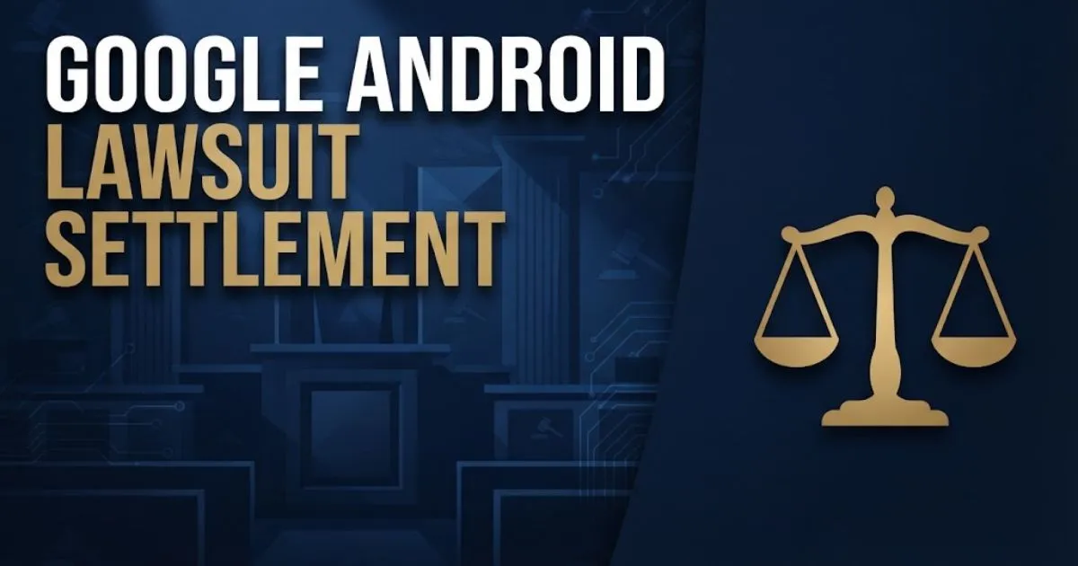 Editorial banner with google android lawsuit settlement headline over navy blue courtroom and tech graphics