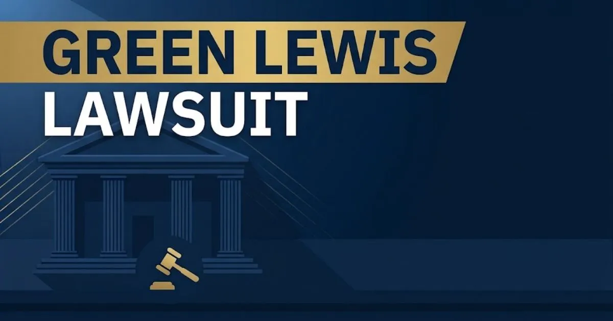 Editorial banner with green lewis lawsuit headline in gold text over navy courthouse design