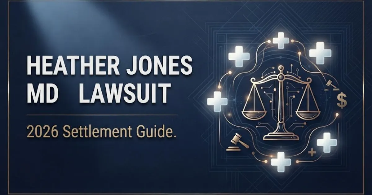Editorial banner with heather jones md lawsuit headline and gold scales of justice on navy background