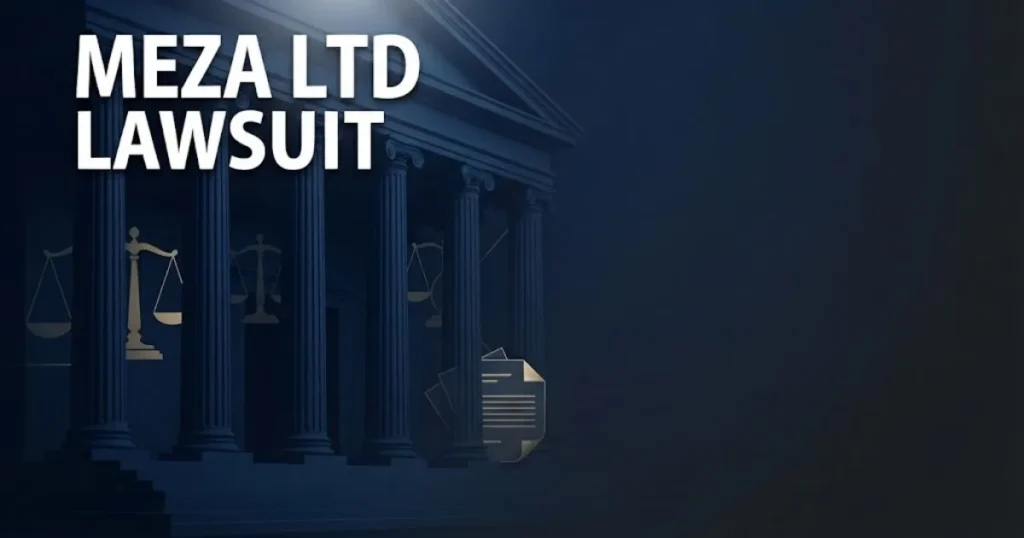Editorial banner with meza ltd lawsuit headline text over abstract navy courthouse design with gold accents