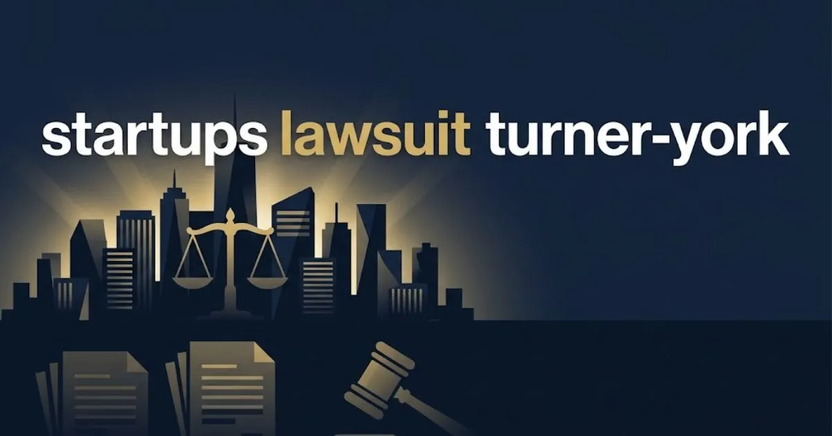 Editorial banner with startups lawsuit turner-york headline over dark navy cityscape and legal scales in gold