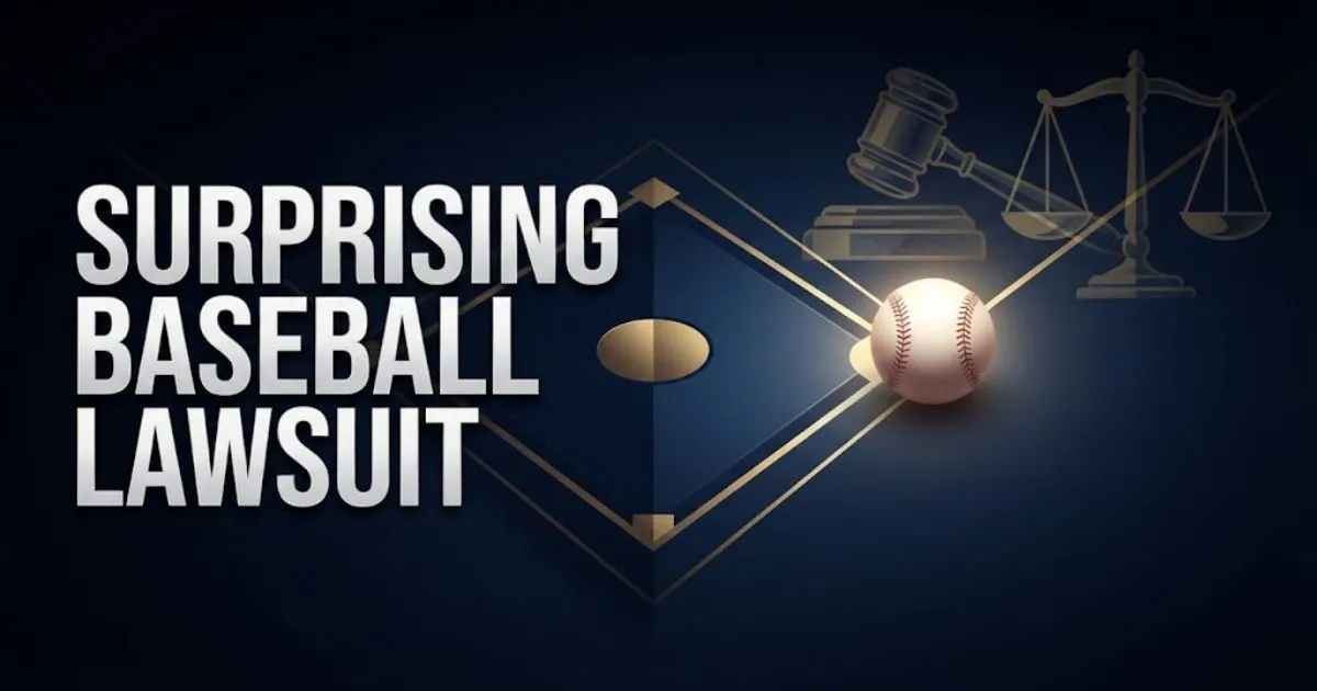 Editorial banner with surprising baseball lawsuit headline over navy blue baseball diamond and gold legal symbols