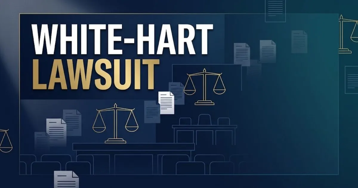 Editorial banner with white-hart lawsuit headline over abstract navy courtroom scene with gold scales of justice