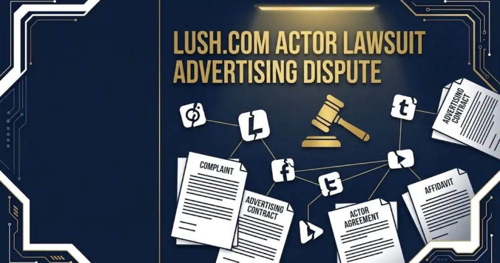 Editorial graphic for lush.com actor lawsuit advertising dispute with legal documents and social media icons