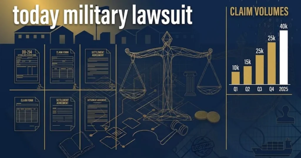 Editorial graphic showing today military lawsuit headline with abstract military documents and settlement chart