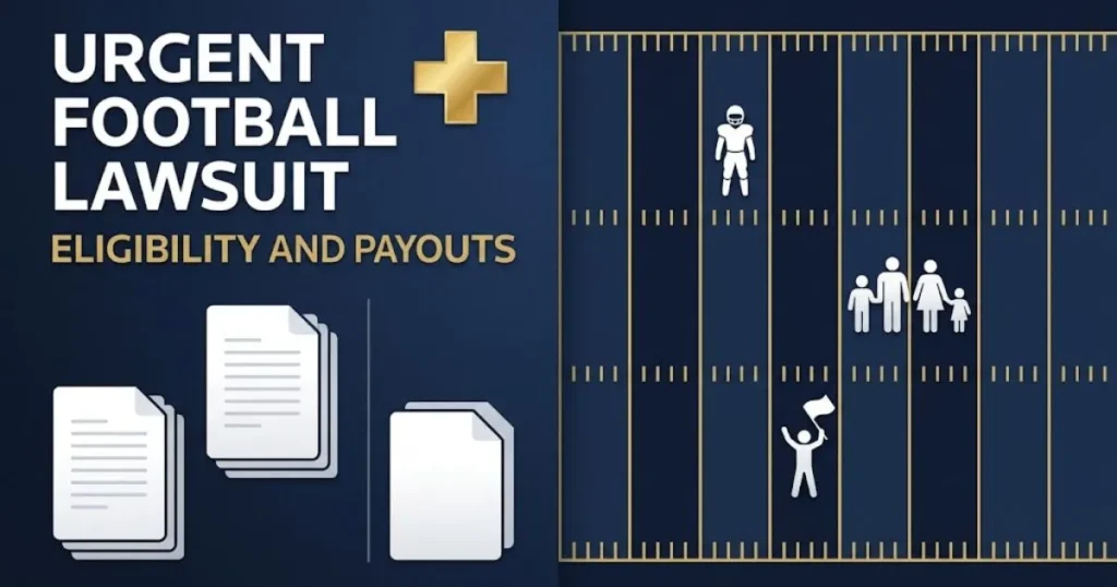 Editorial graphic showing urgent football lawsuit eligibility with document icons, medical cross, and football field with claimant silhouettes