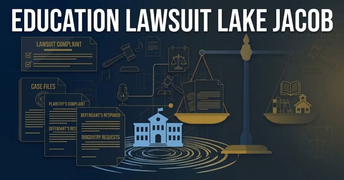 Education lawsuit Lake Jacob hero banner with school silhouette and water contamination theme in navy and gold