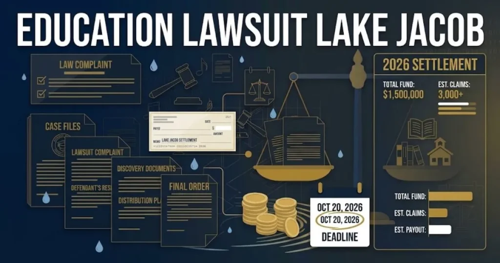 Education lawsuit Lake Jacob settlement and deadline graphic with legal documents on navy background