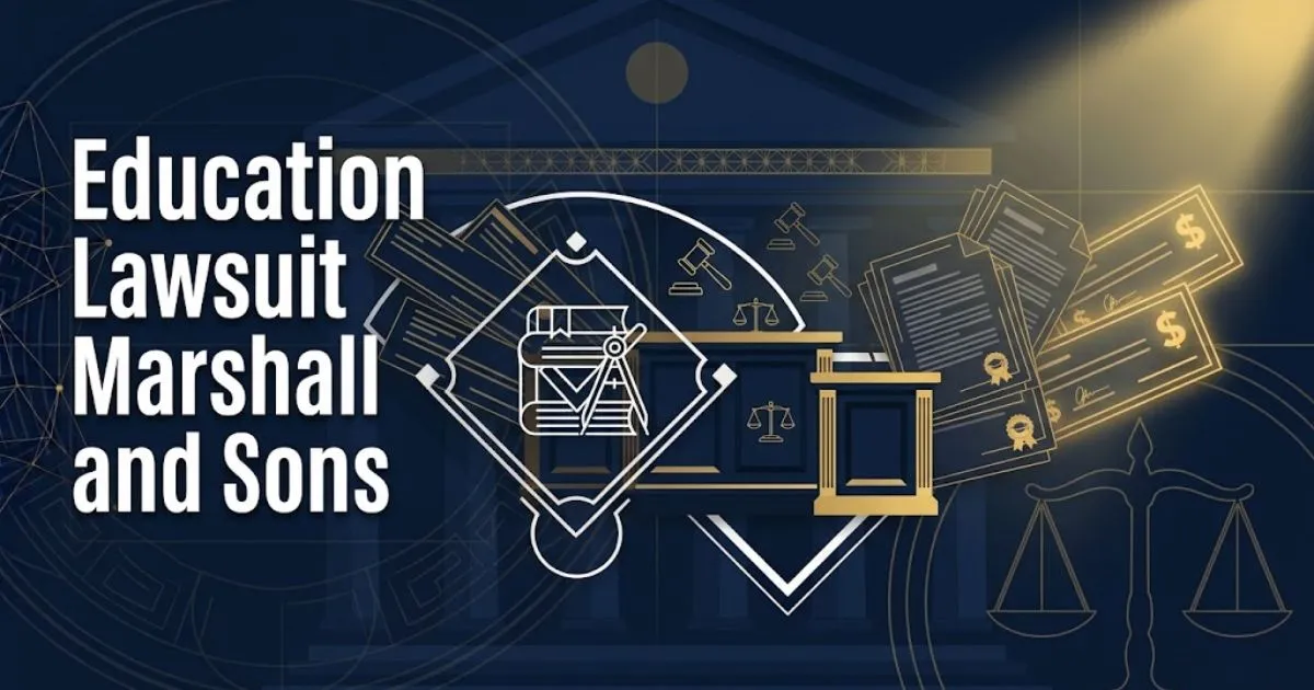 Education lawsuit Marshall and Sons banner with courthouse silhouette and legal symbols in navy and gold