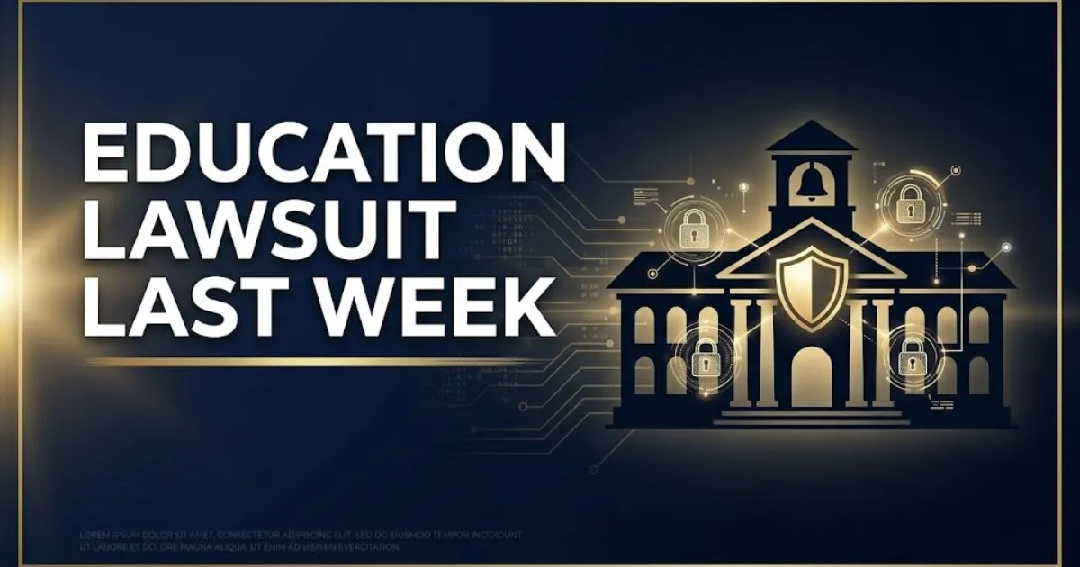 Education lawsuit last week hero banner with navy blue data privacy theme and gold legal shield icons