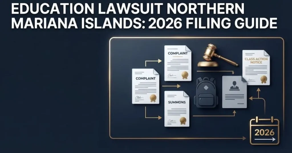 Education lawsuit northern mariana islands 2026 filing guide graphic with legal documents and calendar on navy background