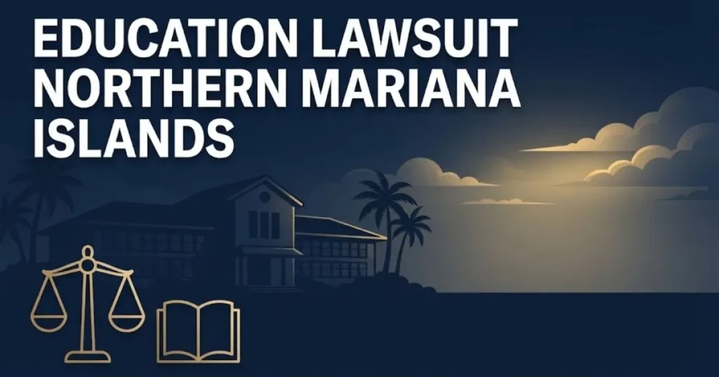Education lawsuit northern mariana islands hero banner with school silhouette and legal scales on navy background