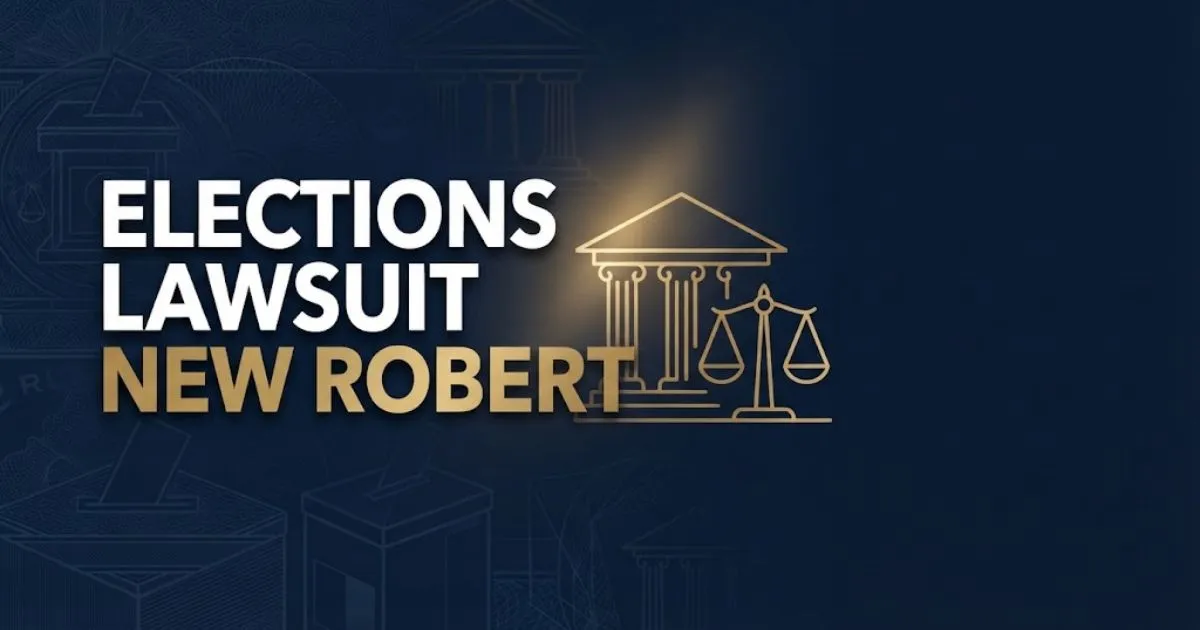 Elections lawsuit new Robert hero banner with courthouse silhouette and scales of justice on navy background