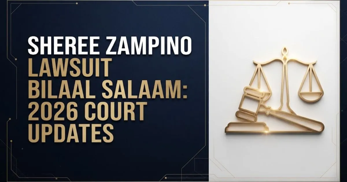 Elegant corporate legal graphic displaying the title sheree zampino lawsuit bilaal salaam on a navy background.