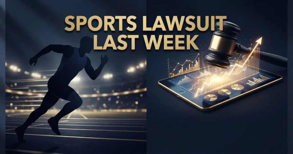 Elegant digital banner featuring sports lawsuit last week text with stylized athlete silhouette and gold gavel.