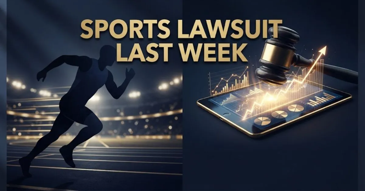 Elegant digital banner featuring sports lawsuit last week text with stylized athlete silhouette and gold gavel.