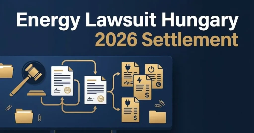 Energy lawsuit Hungary 2026 settlement graphic with legal documents and utility bill icons on navy background