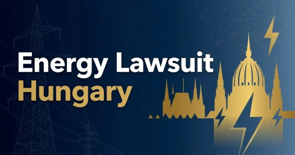Energy lawsuit Hungary banner with gold headline text over navy blue legal and energy themed abstract background