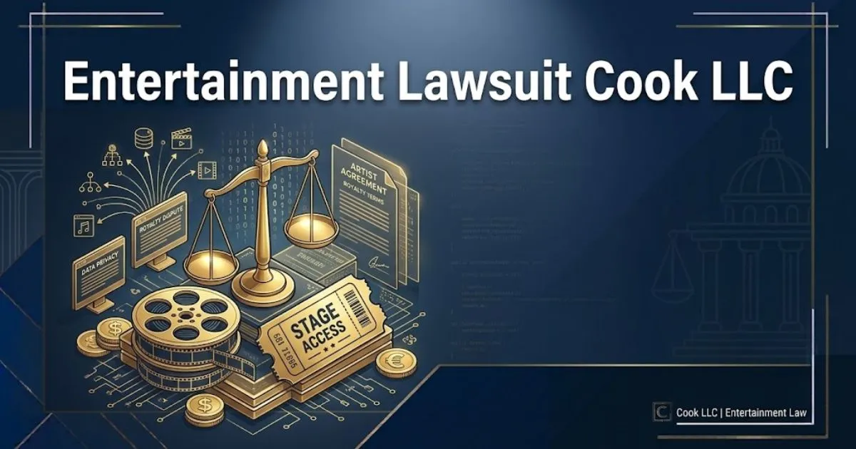 Entertainment lawsuit Cook LLC hero banner with legal scales and entertainment icons on navy background