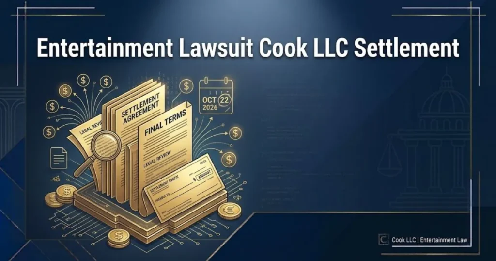 Entertainment lawsuit Cook LLC settlement graphic with legal documents and claim icons on navy background