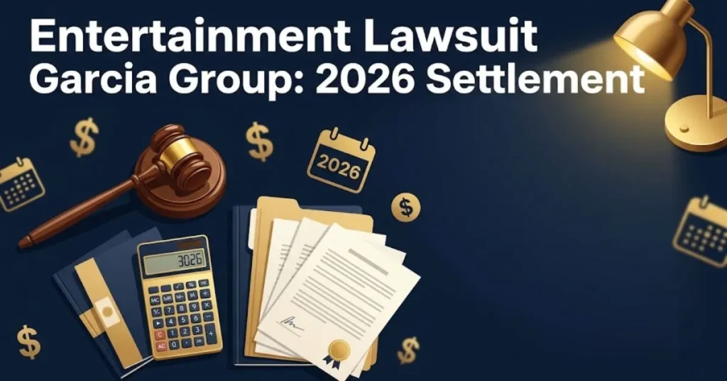 Entertainment lawsuit Garcia Group 2026 settlement graphic with legal documents and gavel on navy desk