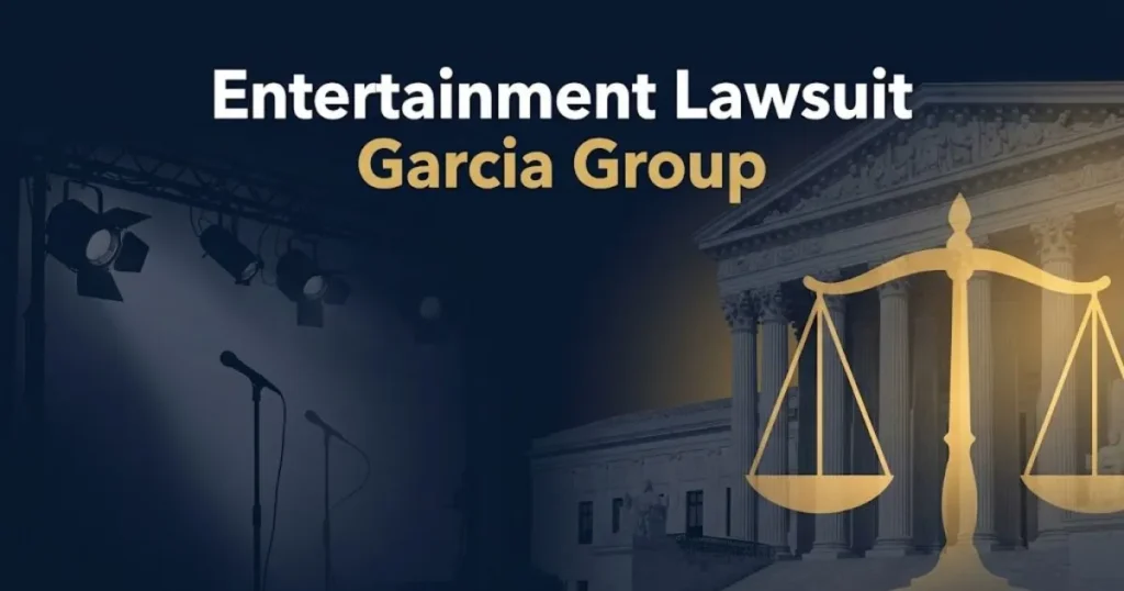 Entertainment lawsuit Garcia Group hero banner with gold scales of justice and stage lights on navy background