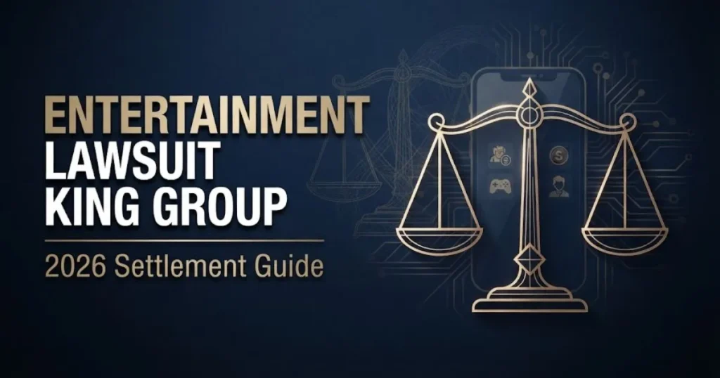 Entertainment lawsuit King Group 2026 hero banner with legal scales and smartphone graphics on navy background