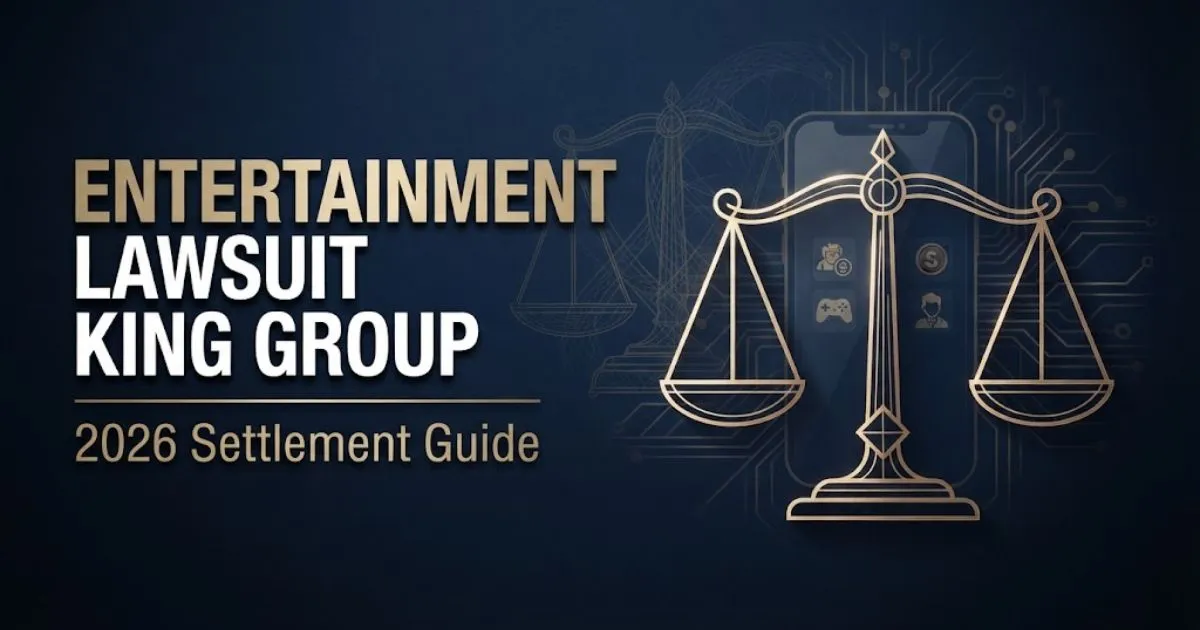 Entertainment lawsuit King Group 2026 hero banner with legal scales and smartphone graphics on navy background