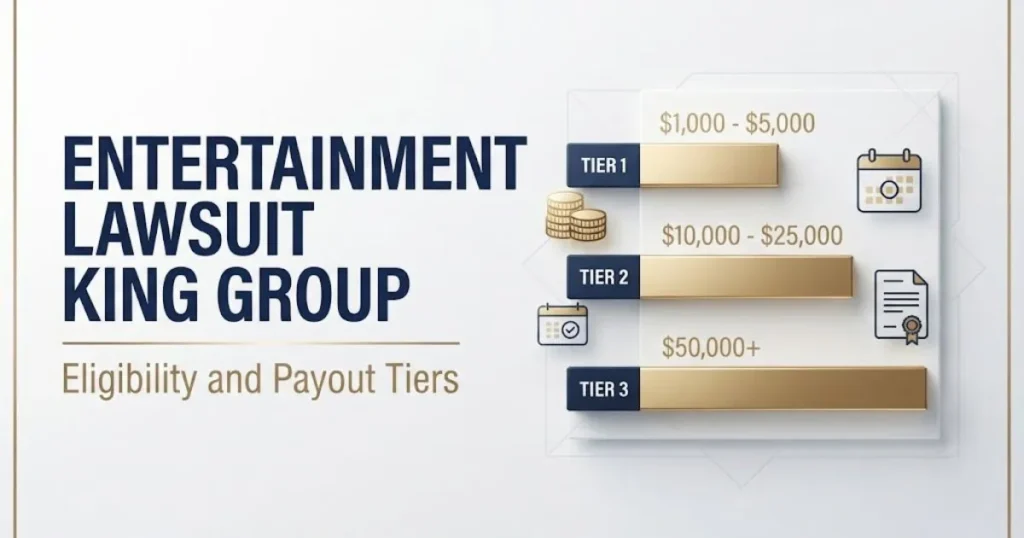 Entertainment lawsuit King Group eligibility and payout tiers infographic with gold bars on white background