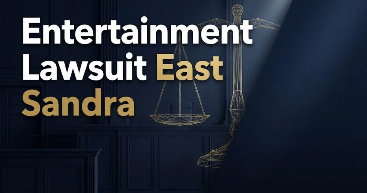 Entertainment lawsuit east sandra hero banner with gold scales of justice on navy background
