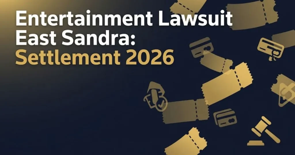 Entertainment lawsuit east sandra settlement graphic with ticket stubs and gavel on navy background