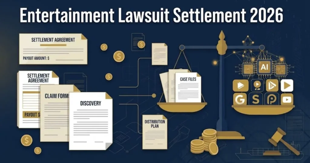 Entertainment lawsuit settlement 2026 graphic with justice scale and streaming icons in navy and gold