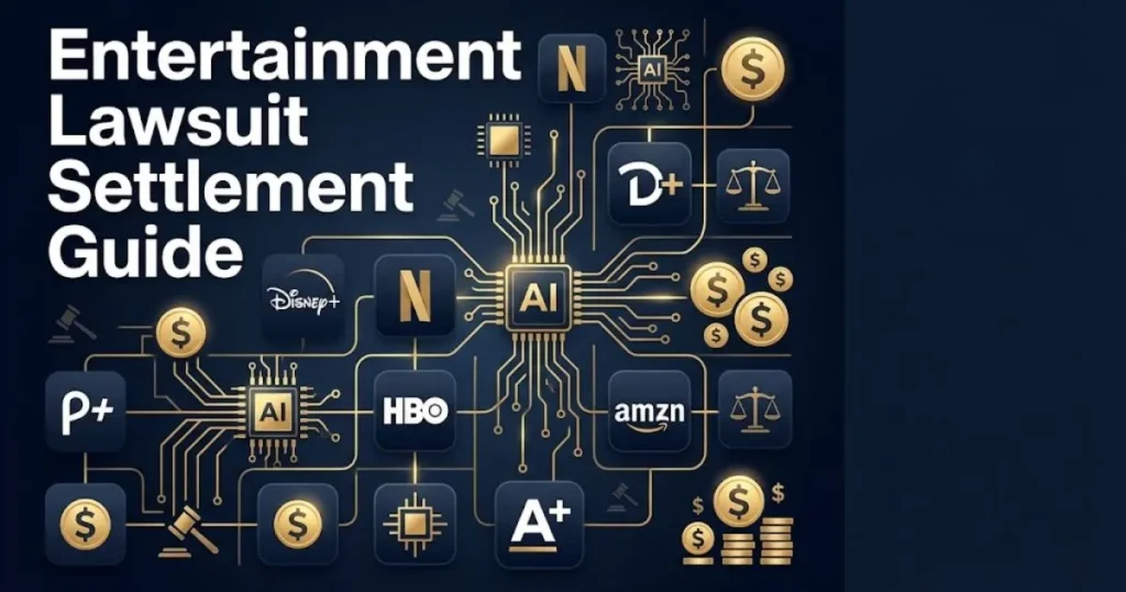 Entertainment lawsuit settlement guide graphic with streaming icons and AI circuit patterns on navy background