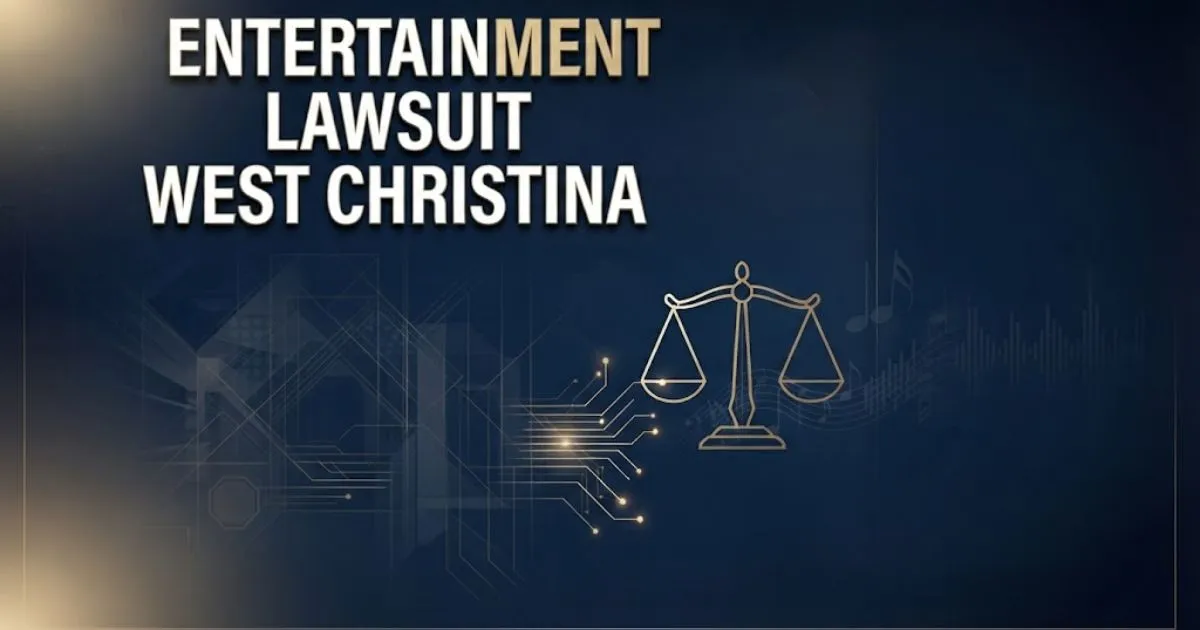 Entertainment lawsuit west christina hero banner with gold scales of justice and streaming waveforms on navy background