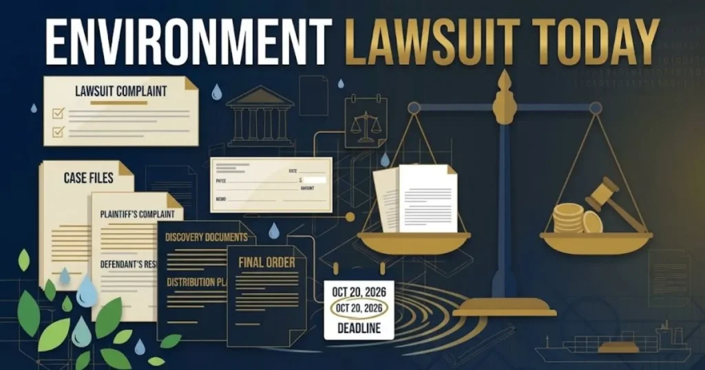 Environment lawsuit today hero banner with courthouse silhouette and scales of justice in navy and gold