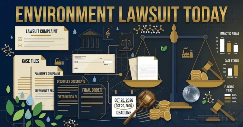 Environment lawsuit today supporting graphic with legal documents, gavel, and water glass on navy background