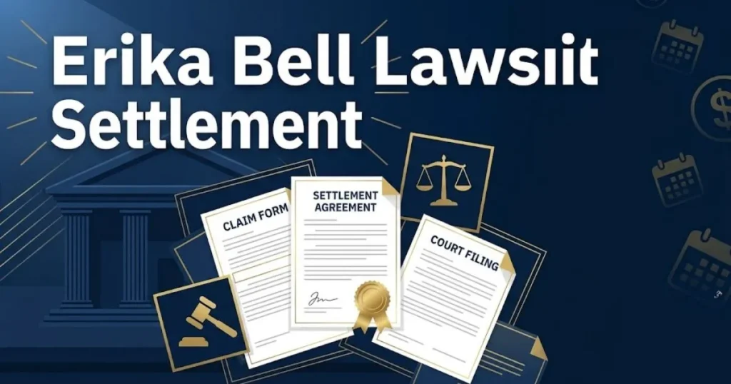 Erika Bell Lawsuit Settlement graphic with legal documents and gold accents
