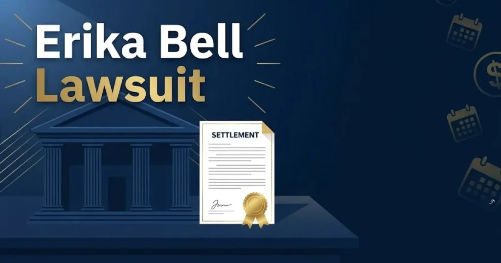 Erika Bell Lawsuit hero banner with navy courthouse graphic and gold text