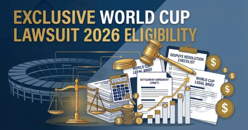 Exclusive World Cup Lawsuit 2026 eligibility graphic with stadium silhouette and settlement documents