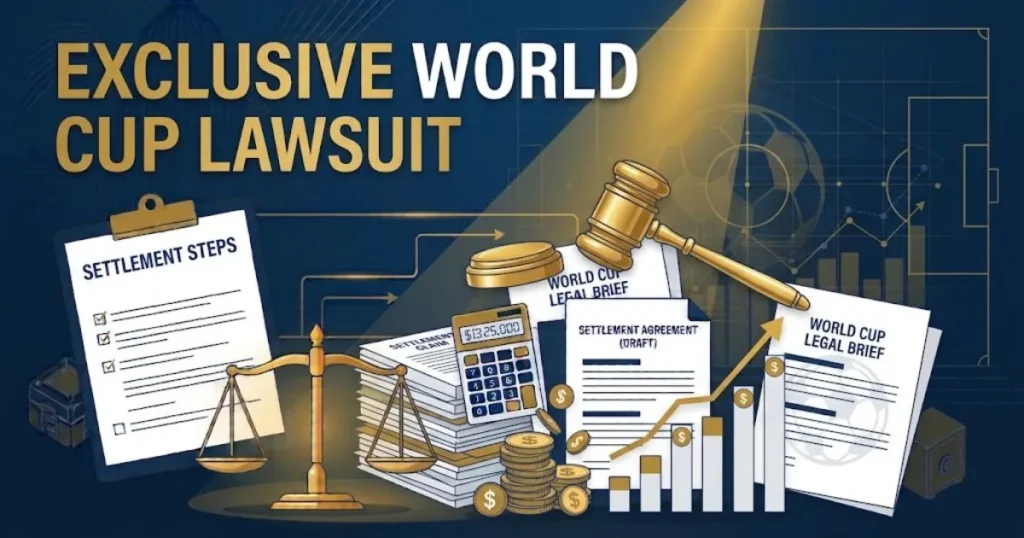 Exclusive World Cup Lawsuit banner with golden gavel on legal documents and navy blue background