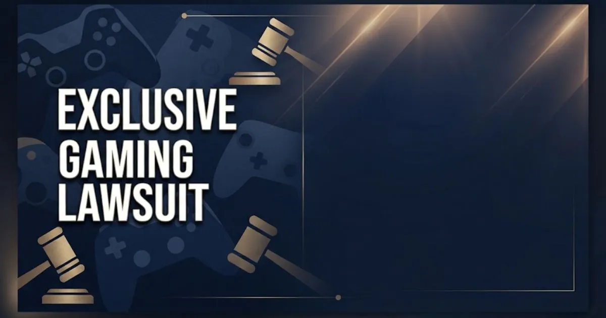 Exclusive gaming lawsuit hero banner with gavel and controller icons in navy and gold