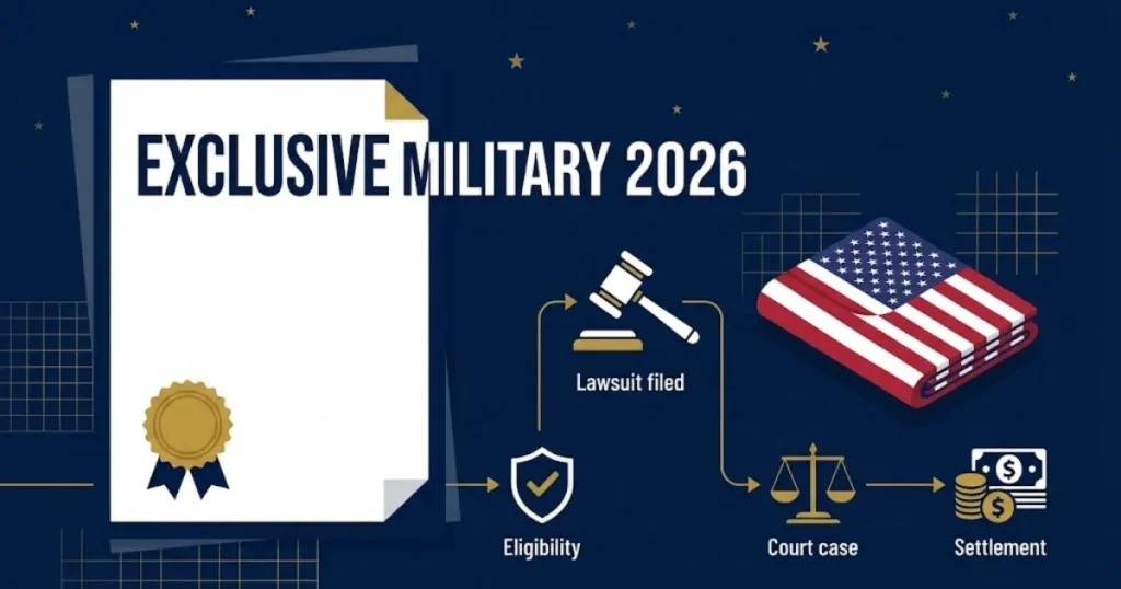Exclusive military lawsuit 2026 supporting graphic with legal documents and gold accents on navy