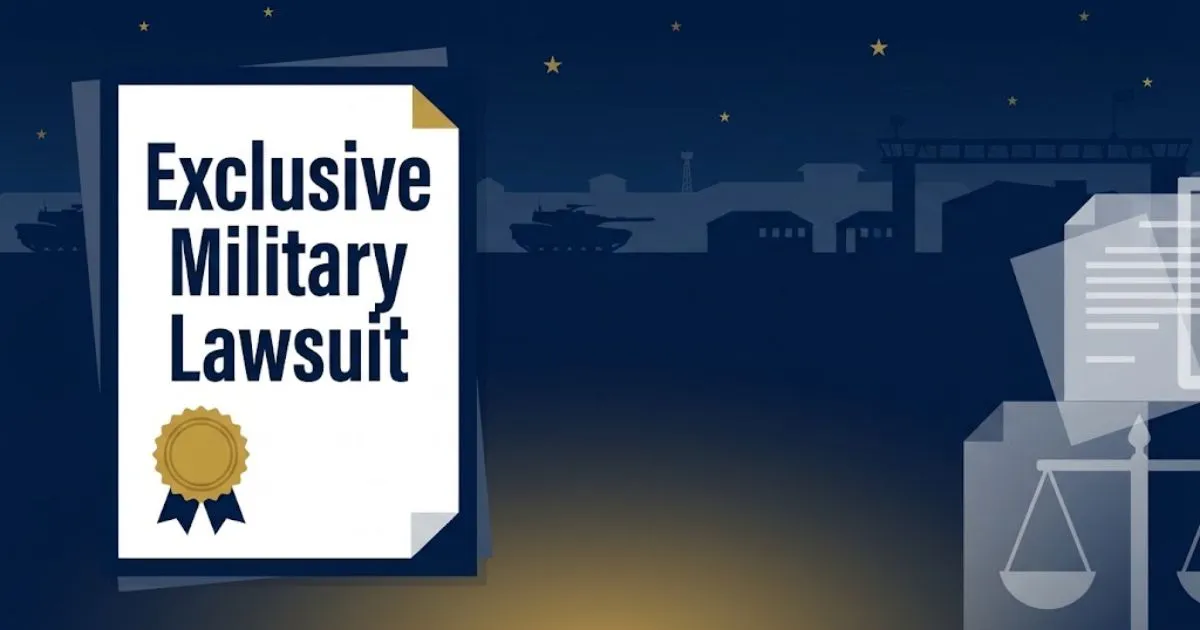 Exclusive military lawsuit hero banner with navy and gold legal theme and military base silhouette